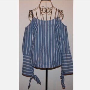 Cold Shoulder Top XXS Bell Cuffs BCBG Cotton Blue White Shirt Striped Blouse
